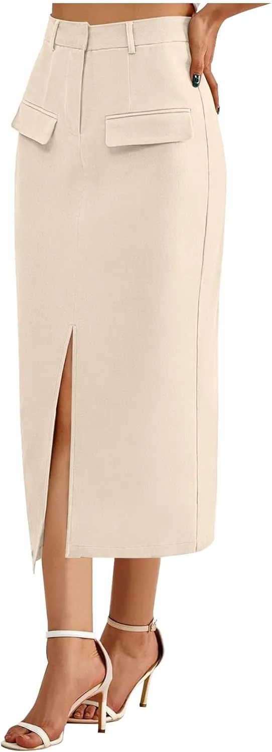 Oplxuo Women's Pencil Skirt Slit Front Cotton Business Casual Work Midi Skirts Ladies Elastic High Waist Bodycon Suit Skirts
