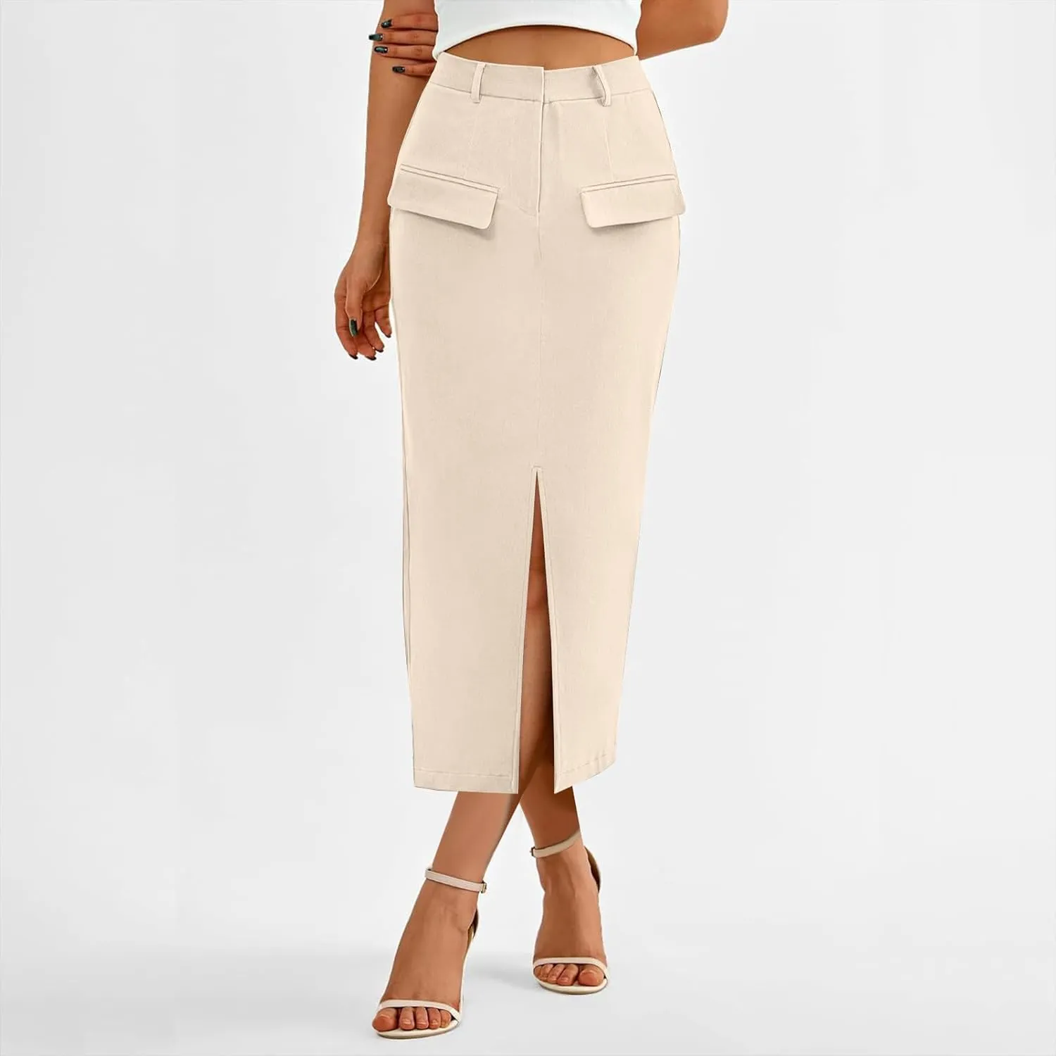 Oplxuo Women's Pencil Skirt Slit Front Cotton Business Casual Work Midi Skirts Ladies Elastic High Waist Bodycon Suit Skirts