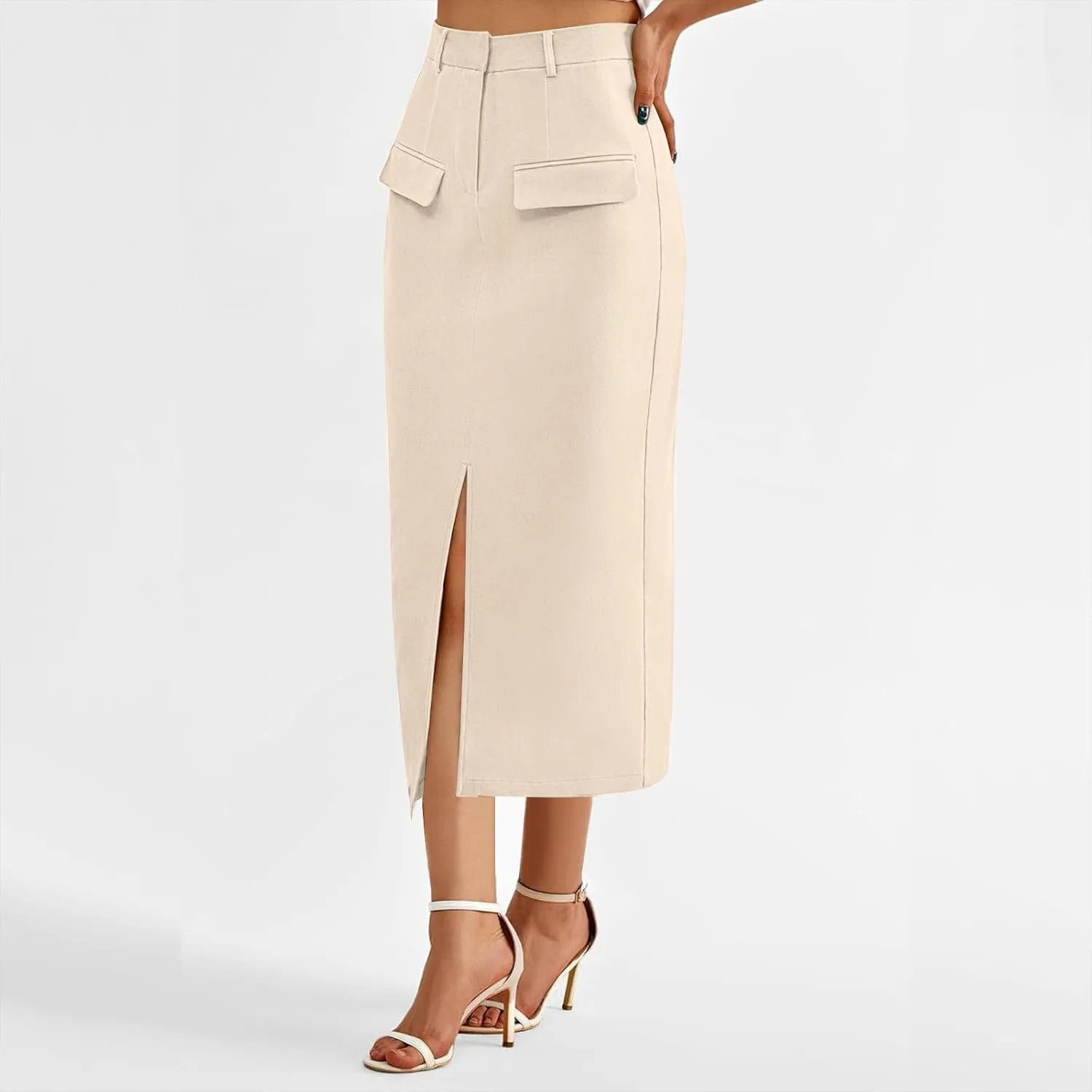 Oplxuo Women's Pencil Skirt Slit Front Cotton Business Casual Work Midi Skirts Ladies Elastic High Waist Bodycon Suit Skirts