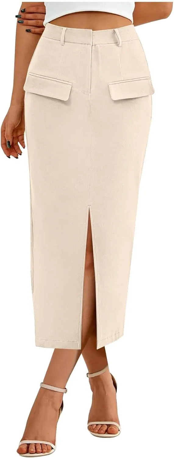 Oplxuo Women's Pencil Skirt Slit Front Cotton Business Casual Work Midi Skirts Ladies Elastic High Waist Bodycon Suit Skirts