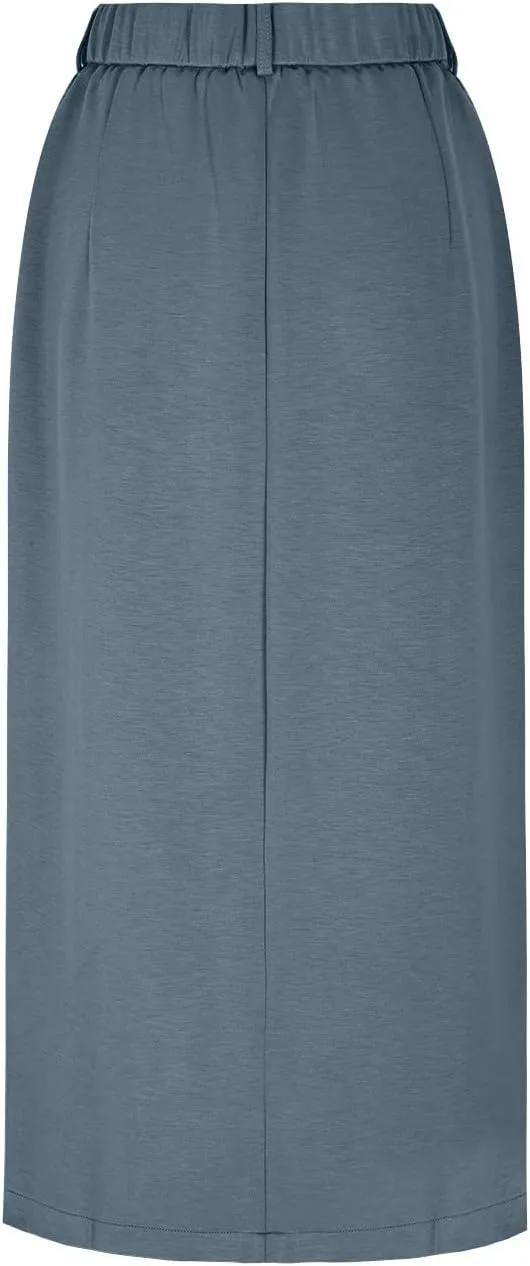 Oplxuo Women's Pencil Skirt Slit Front Cotton Business Casual Work Midi Skirts Ladies Elastic High Waist Bodycon Suit Skirts