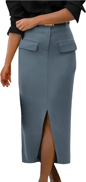 Oplxuo Women's Pencil Skirt Slit Front Cotton Business Casual Work Midi Skirts Ladies Elastic High Waist Bodycon Suit Skirts
