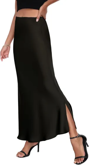 PEIQI 2025 Women's Satin High Waisted Maxi Skirts Summer Fall Silk Cocktail Party Flared Casual A Line Skirt