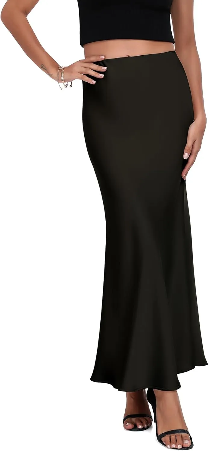 PEIQI 2025 Women's Satin High Waisted Maxi Skirts Summer Fall Silk Cocktail Party Flared Casual A Line Skirt