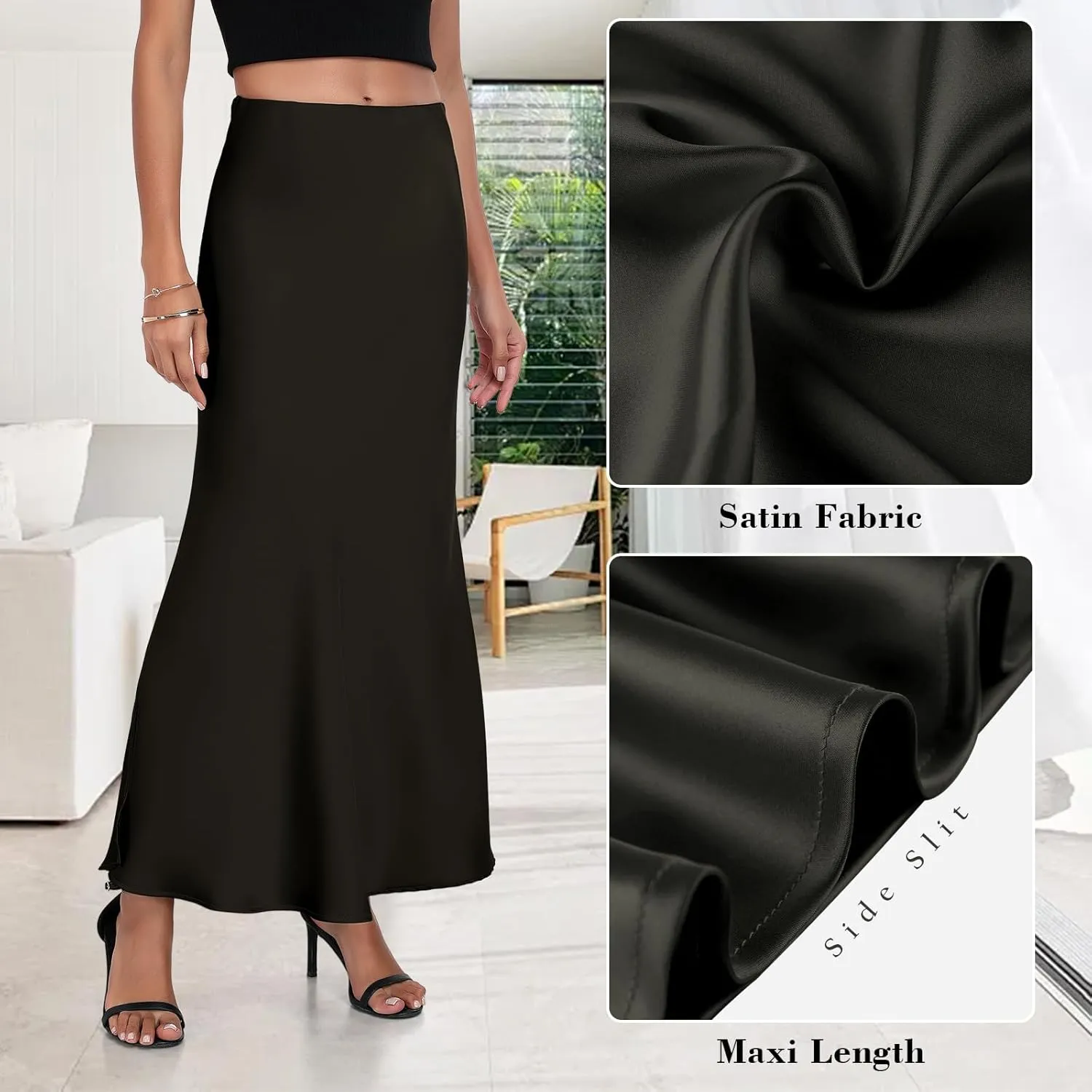 PEIQI 2025 Women's Satin High Waisted Maxi Skirts Summer Fall Silk Cocktail Party Flared Casual A Line Skirt