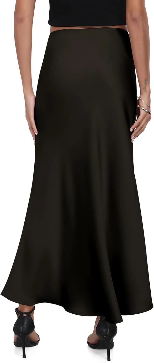 PEIQI 2025 Women's Satin High Waisted Maxi Skirts Summer Fall Silk Cocktail Party Flared Casual A Line Skirt