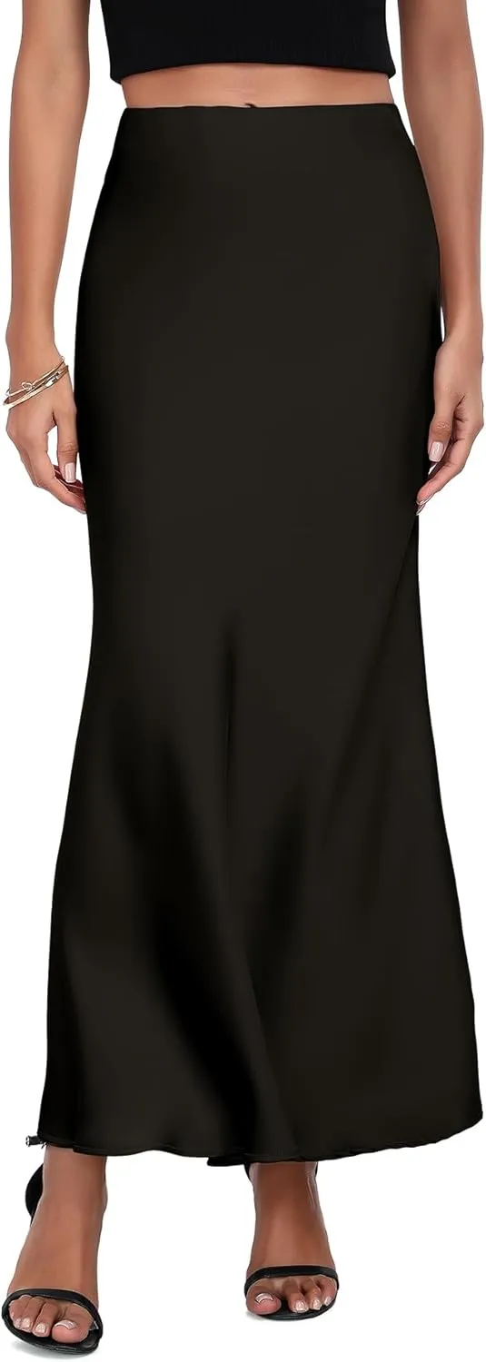 PEIQI 2025 Women's Satin High Waisted Maxi Skirts Summer Fall Silk Cocktail Party Flared Casual A Line Skirt