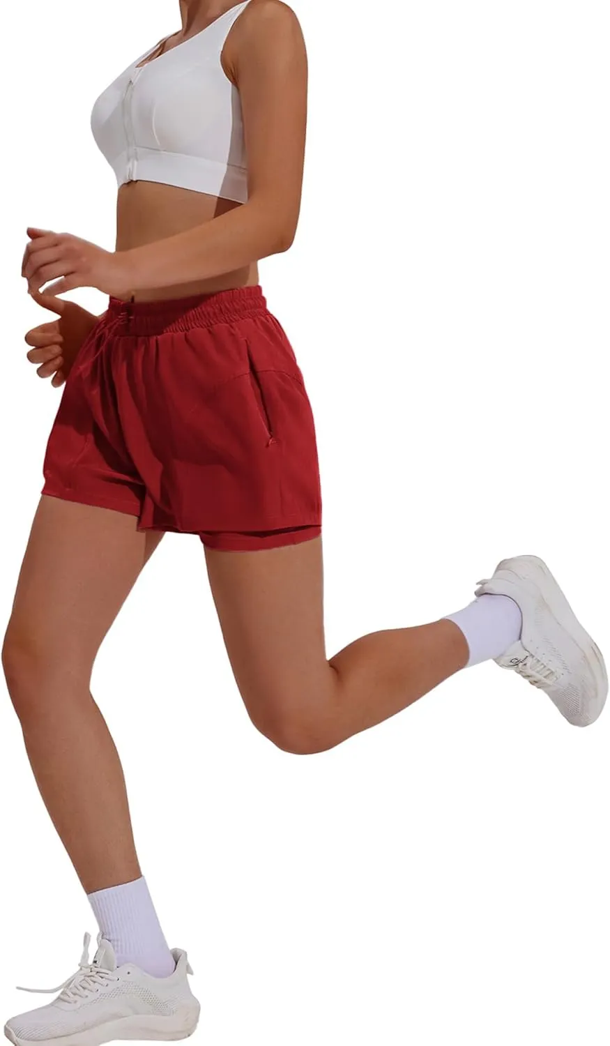 PINSPARK Athletic Shorts for Women High Waisted Workout Short 2 in 1 Running Shorts Gym Shorts with Zipper Pockets