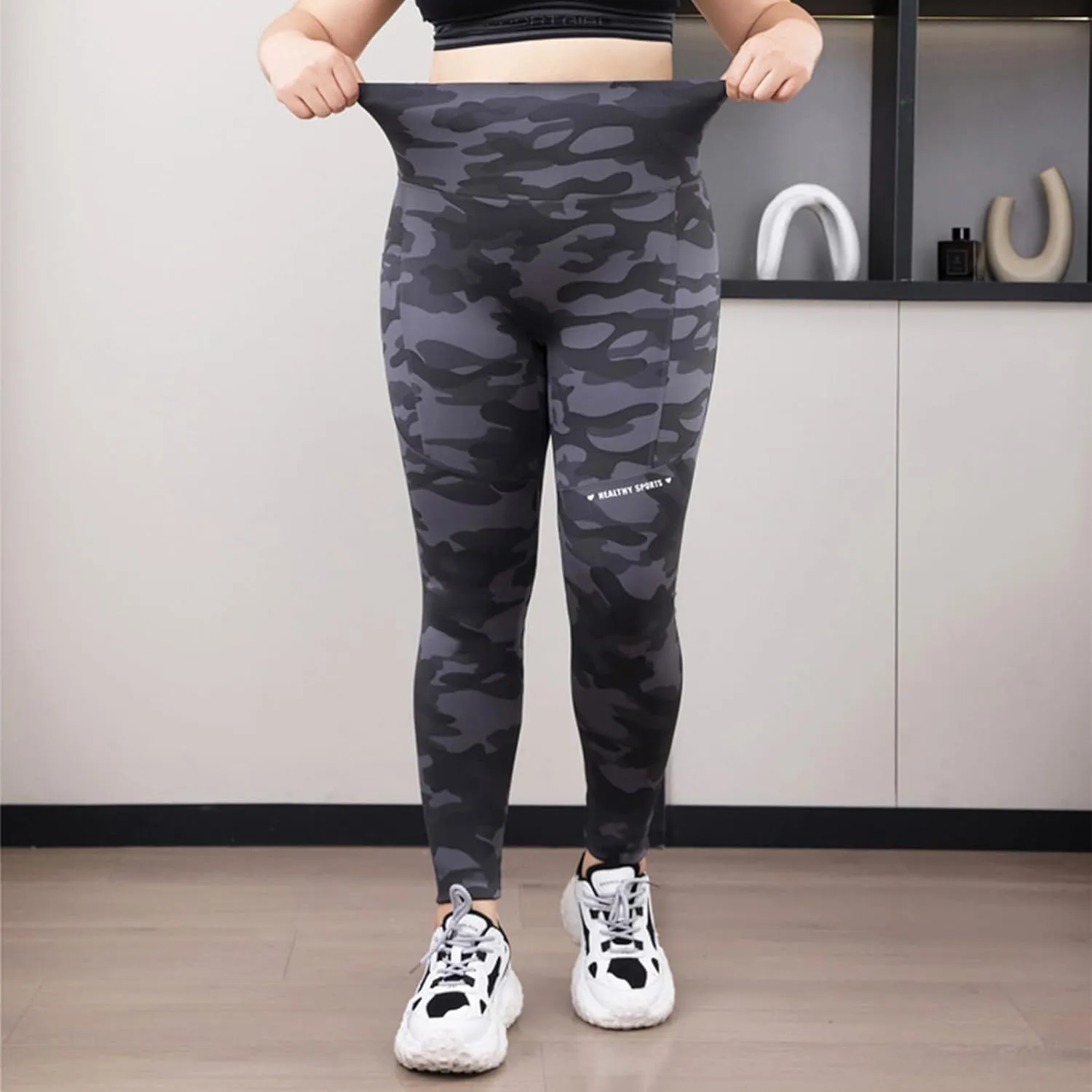 Plus Size Fleece Lined Leggings for Women Camo Seamless High Waist Camouflage Warm Winter Trousers for Athletic Gym