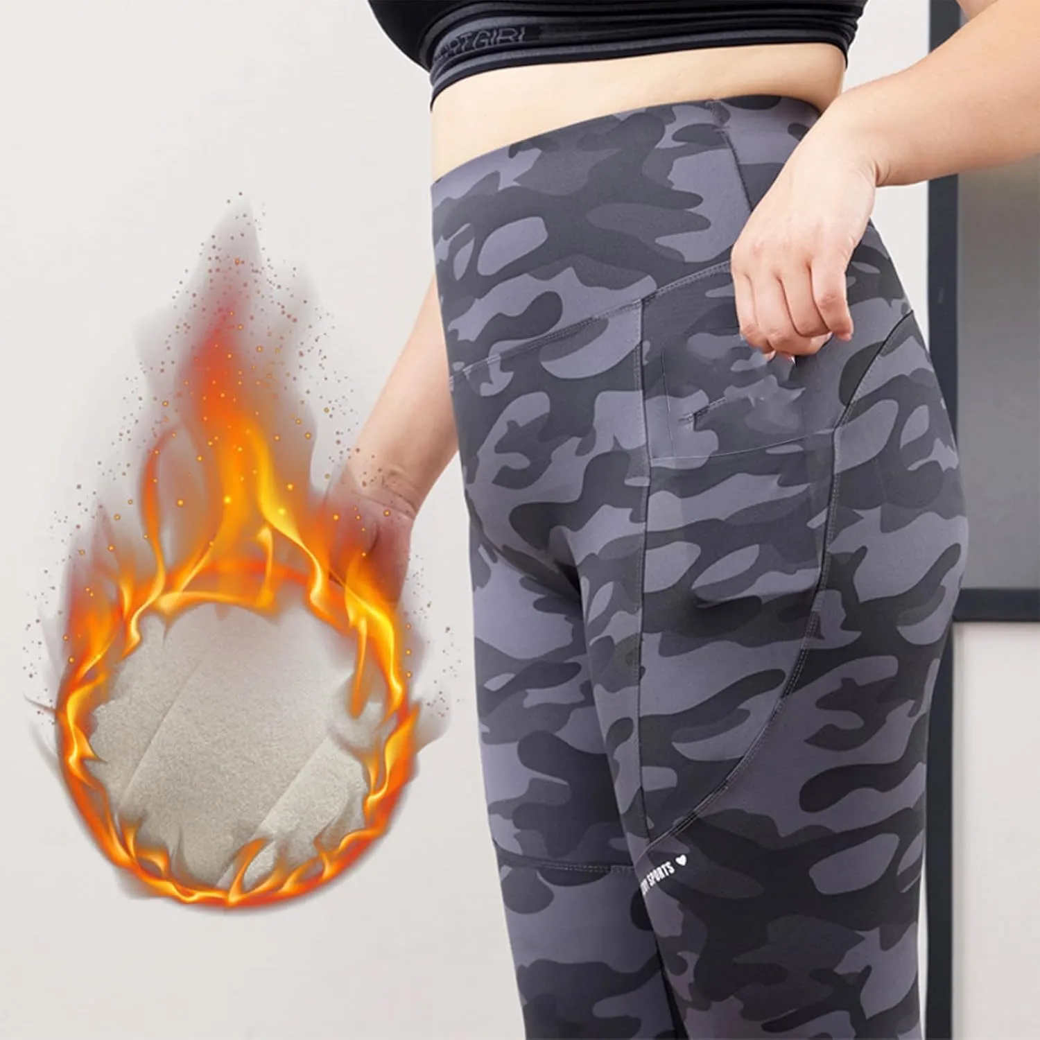 Plus Size Fleece Lined Leggings for Women Camo Seamless High Waist Camouflage Warm Winter Trousers for Athletic Gym