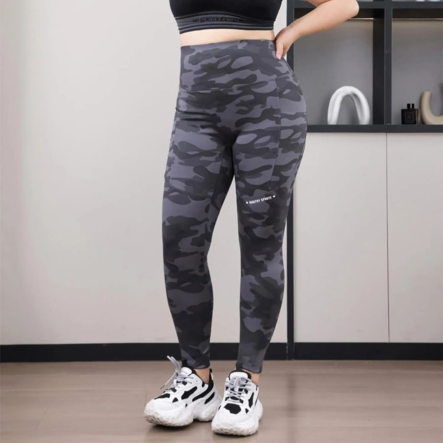 Plus Size Fleece Lined Leggings for Women Camo Seamless High Waist Camouflage Warm Winter Trousers for Athletic Gym