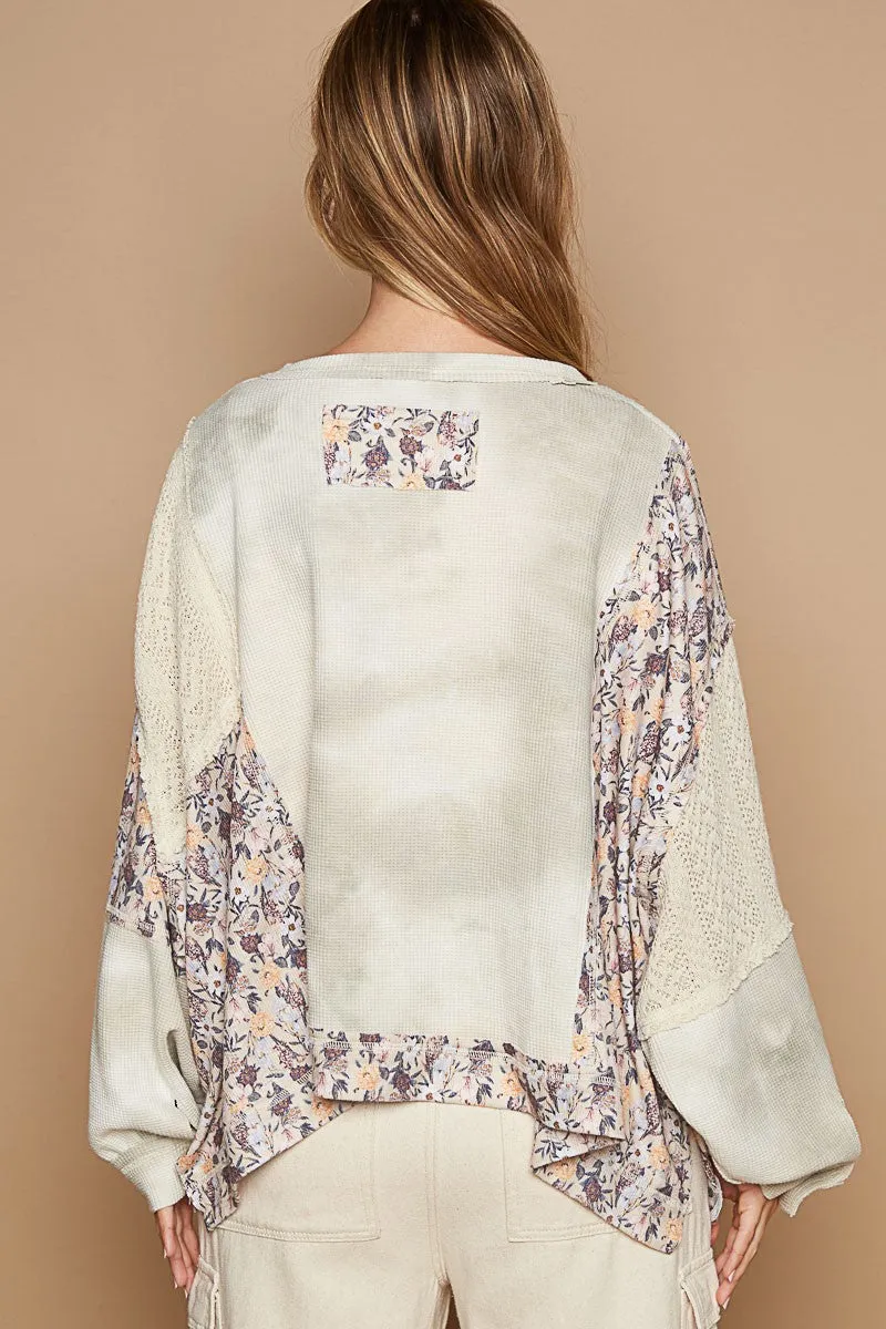 POL Tie Dye Thermal Knit Top with Contrasting Floral and Lace Fabric in Sage Multi