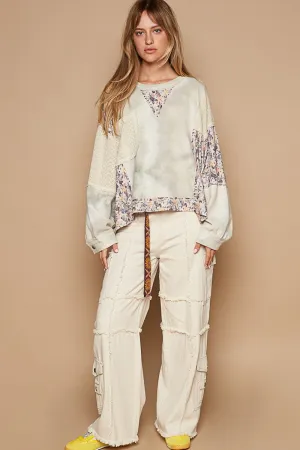 POL Tie Dye Thermal Knit Top with Contrasting Floral and Lace Fabric in Sage Multi