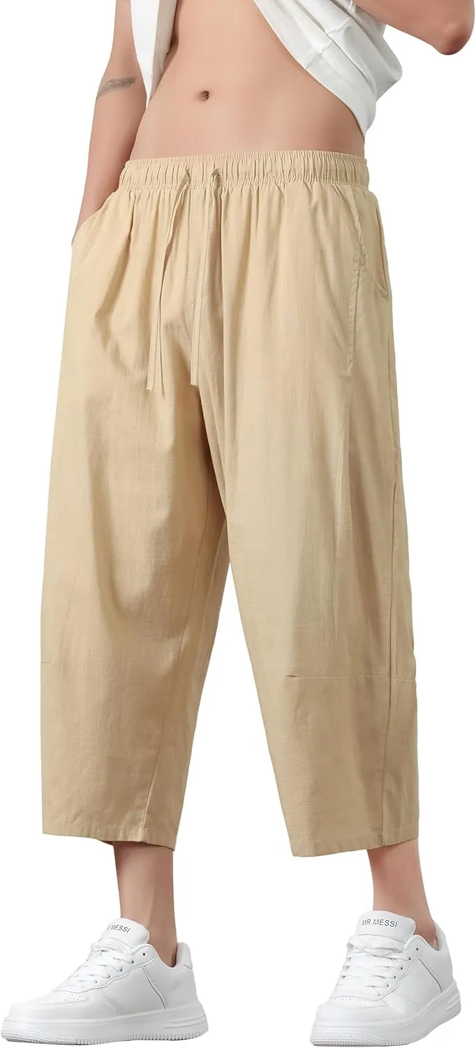 PRIJOUHE Mens Harem Pants Casual Lightweight Loose Fit Capri Pants Linen Beach Pants with Elastic Waistband