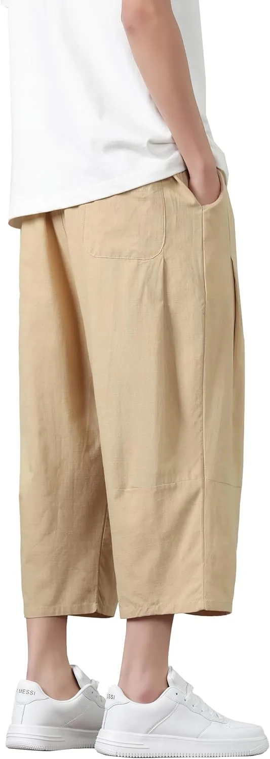PRIJOUHE Mens Harem Pants Casual Lightweight Loose Fit Capri Pants Linen Beach Pants with Elastic Waistband