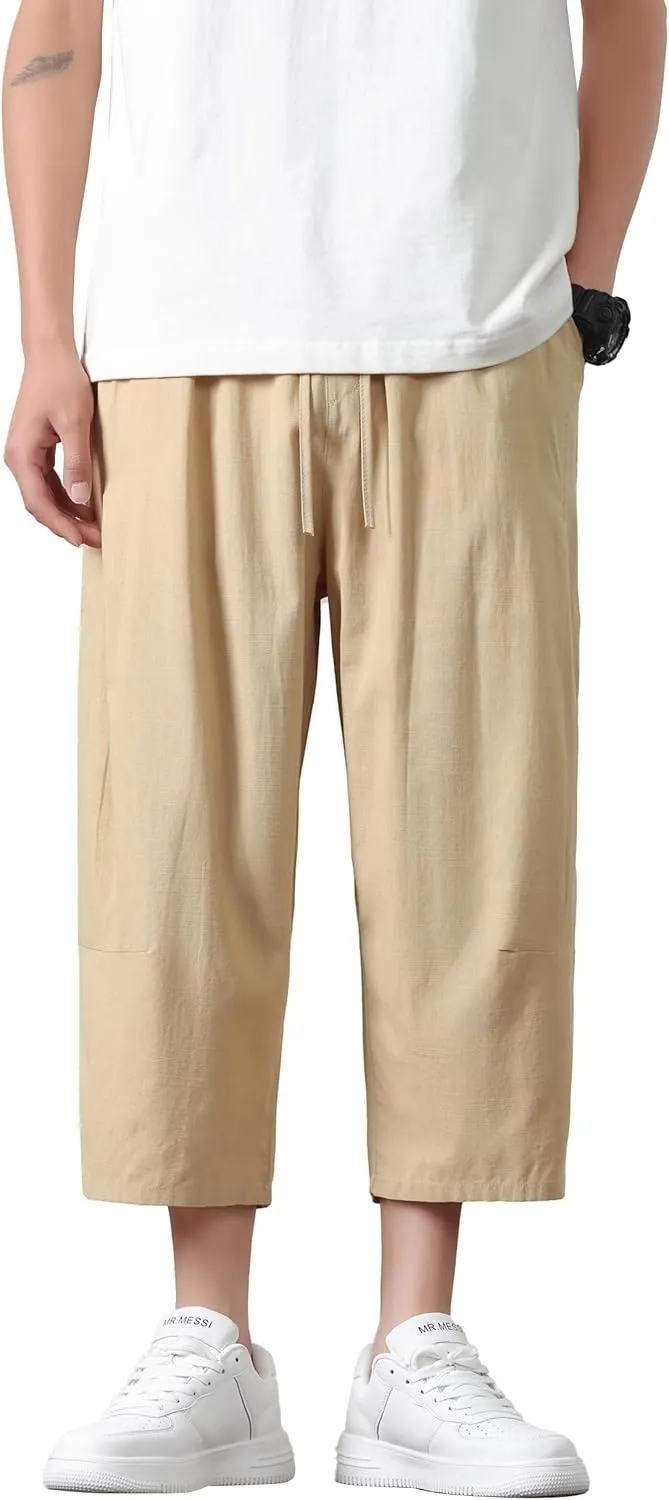PRIJOUHE Mens Harem Pants Casual Lightweight Loose Fit Capri Pants Linen Beach Pants with Elastic Waistband