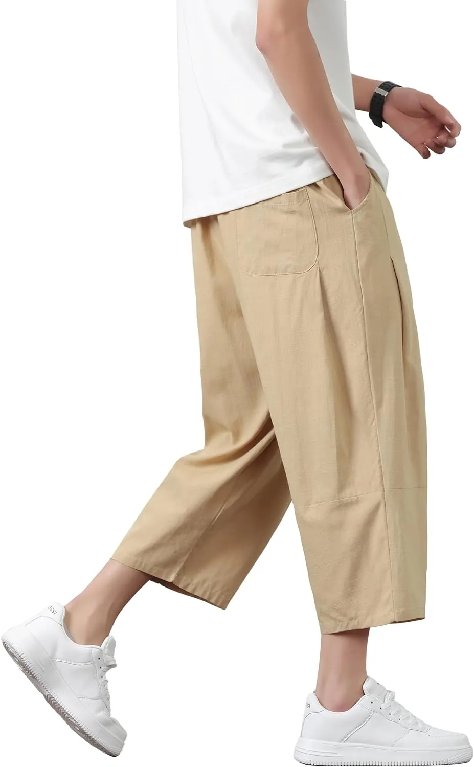 PRIJOUHE Mens Harem Pants Casual Lightweight Loose Fit Capri Pants Linen Beach Pants with Elastic Waistband