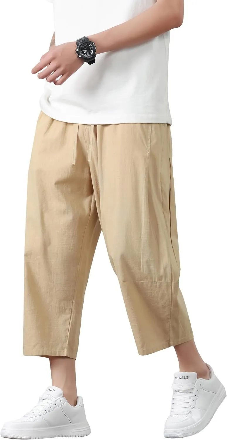 PRIJOUHE Mens Harem Pants Casual Lightweight Loose Fit Capri Pants Linen Beach Pants with Elastic Waistband