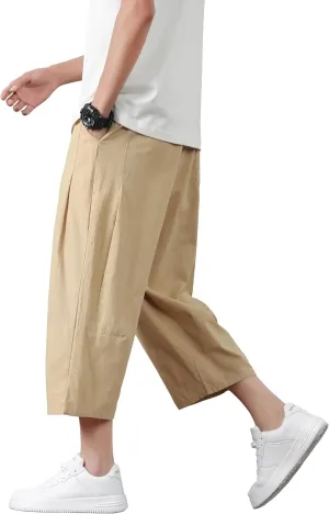 PRIJOUHE Mens Harem Pants Casual Lightweight Loose Fit Capri Pants Linen Beach Pants with Elastic Waistband