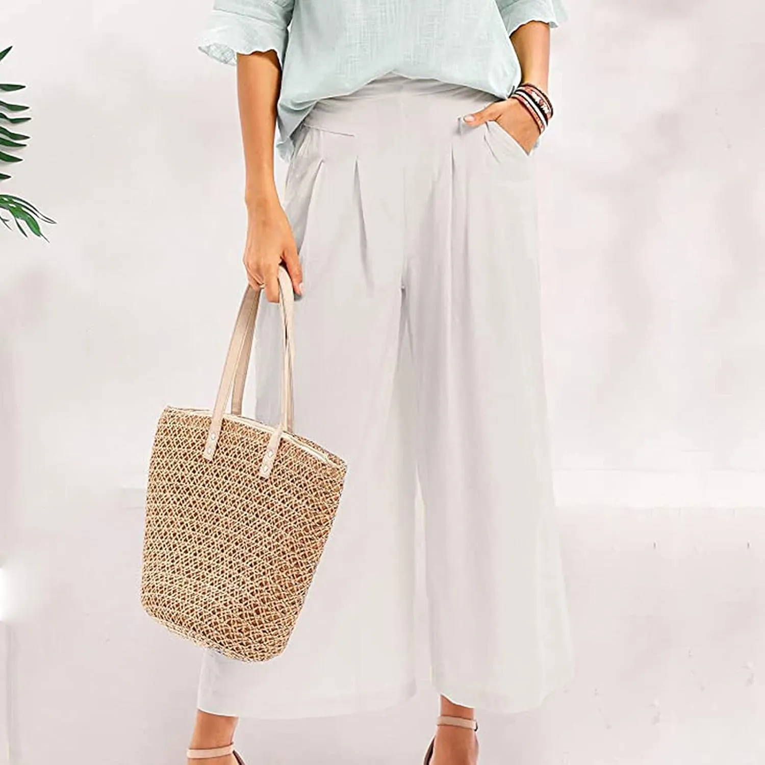 PTOLOCIF Cotton Linen Pants for Women Baggy Wide Leg Trousers Casual Patchwark Elastic Waist Harem Linen Pants with Pcokets