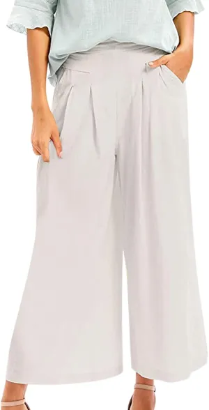 PTOLOCIF Cotton Linen Pants for Women Baggy Wide Leg Trousers Casual Patchwark Elastic Waist Harem Linen Pants with Pcokets
