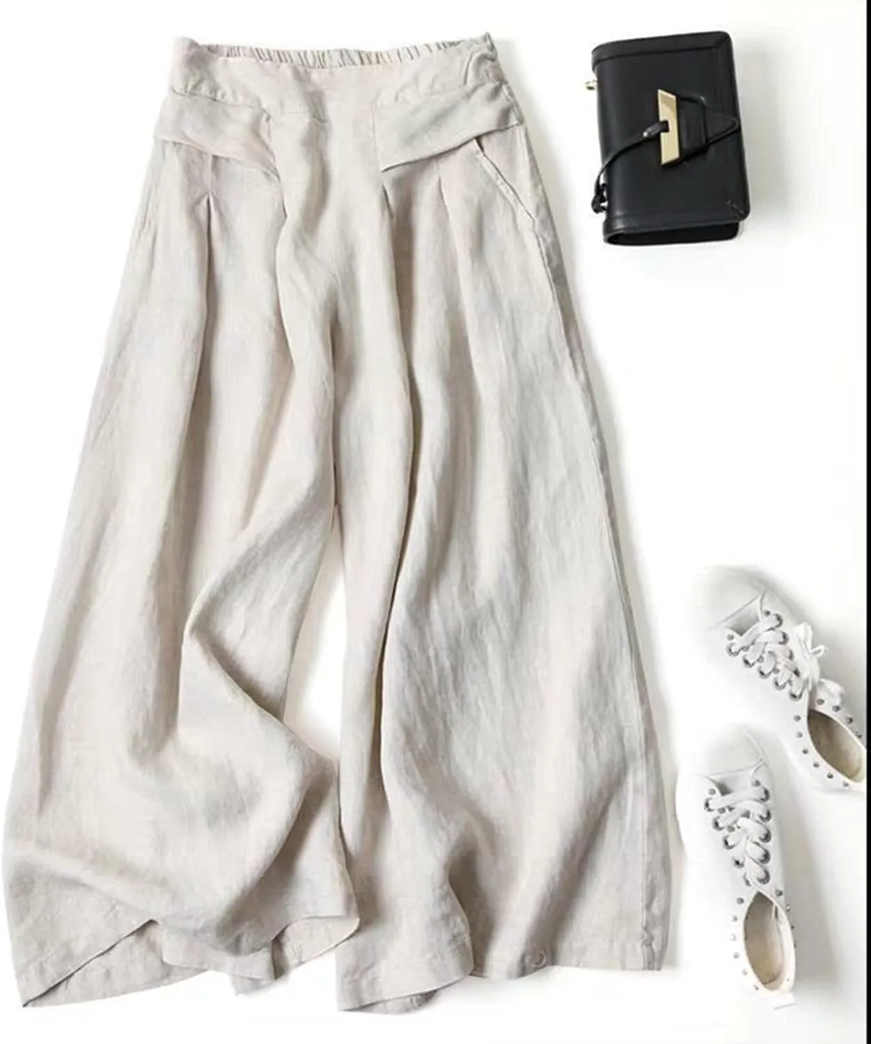 PTOLOCIF Cotton Linen Pants for Women Baggy Wide Leg Trousers Casual Patchwark Elastic Waist Harem Linen Pants with Pcokets