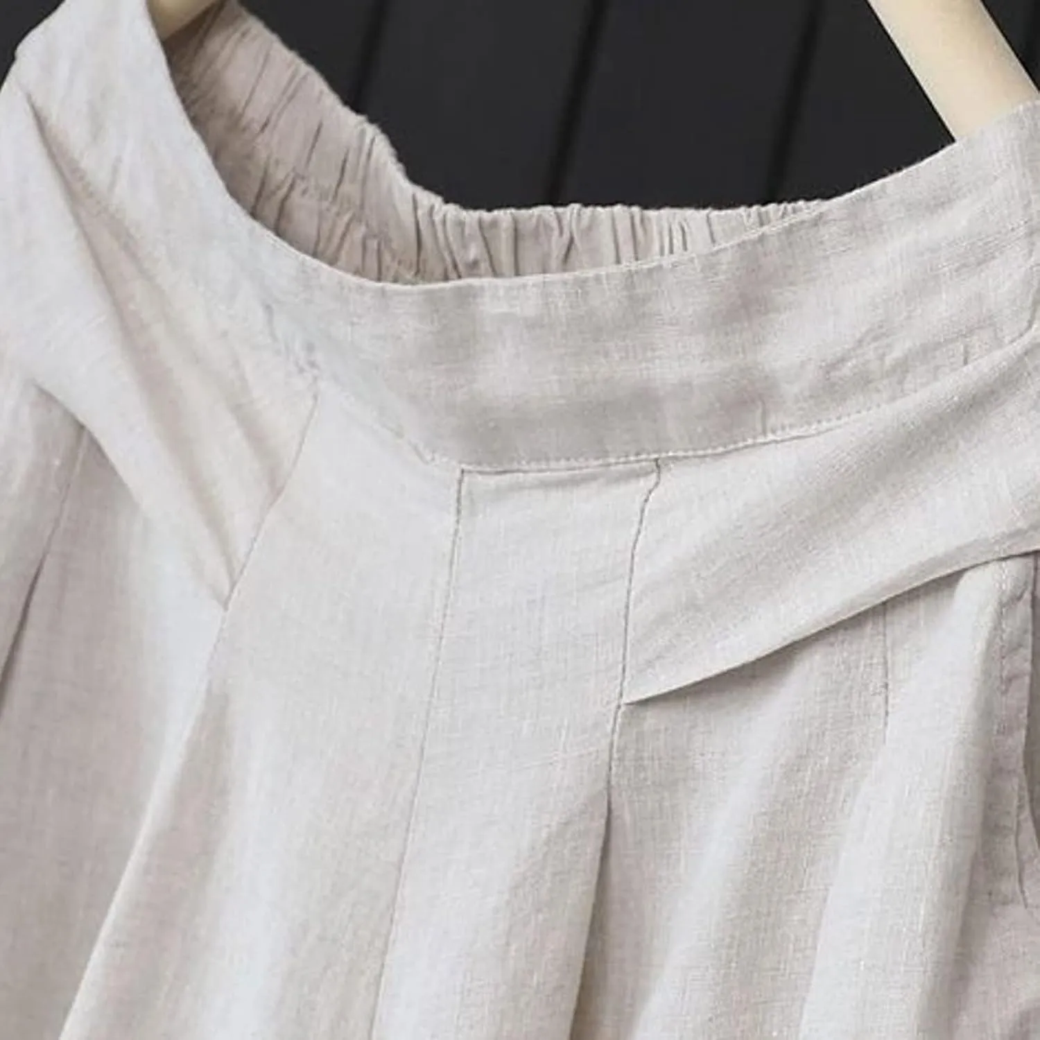 PTOLOCIF Cotton Linen Pants for Women Baggy Wide Leg Trousers Casual Patchwark Elastic Waist Harem Linen Pants with Pcokets