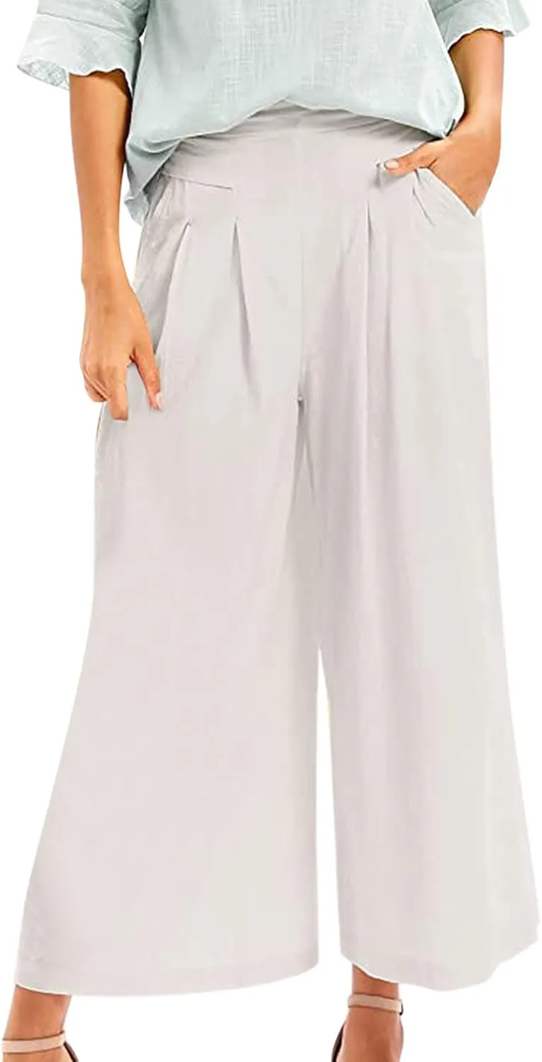 PTOLOCIF Cotton Linen Pants for Women Baggy Wide Leg Trousers Casual Patchwark Elastic Waist Harem Linen Pants with Pcokets