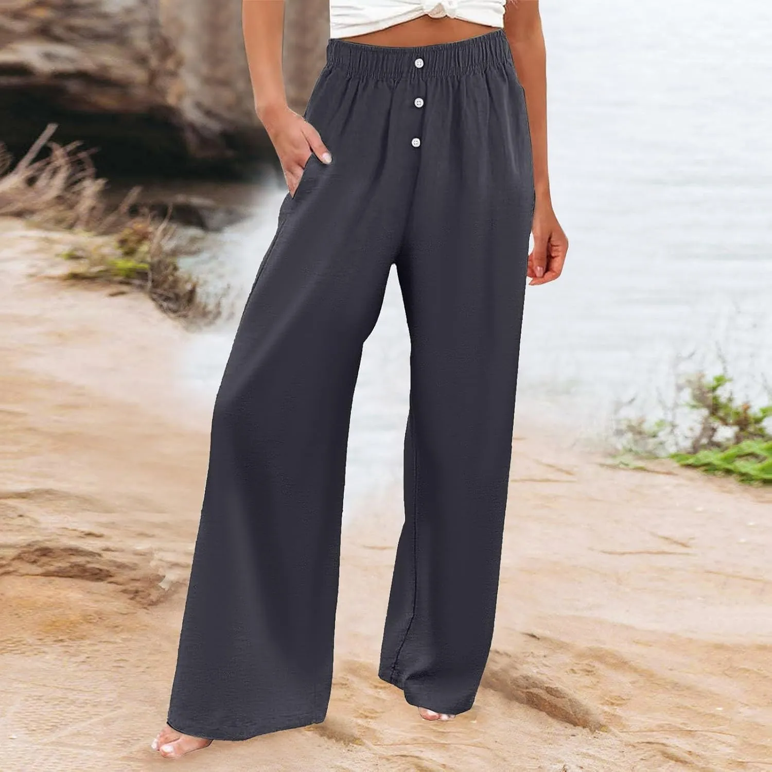PTOLOCIF Cotton Linen Pants for Women High Waisted Wide Leg Palazzo Pant Drawstring Casual Loose Pants Trousers with Pockets