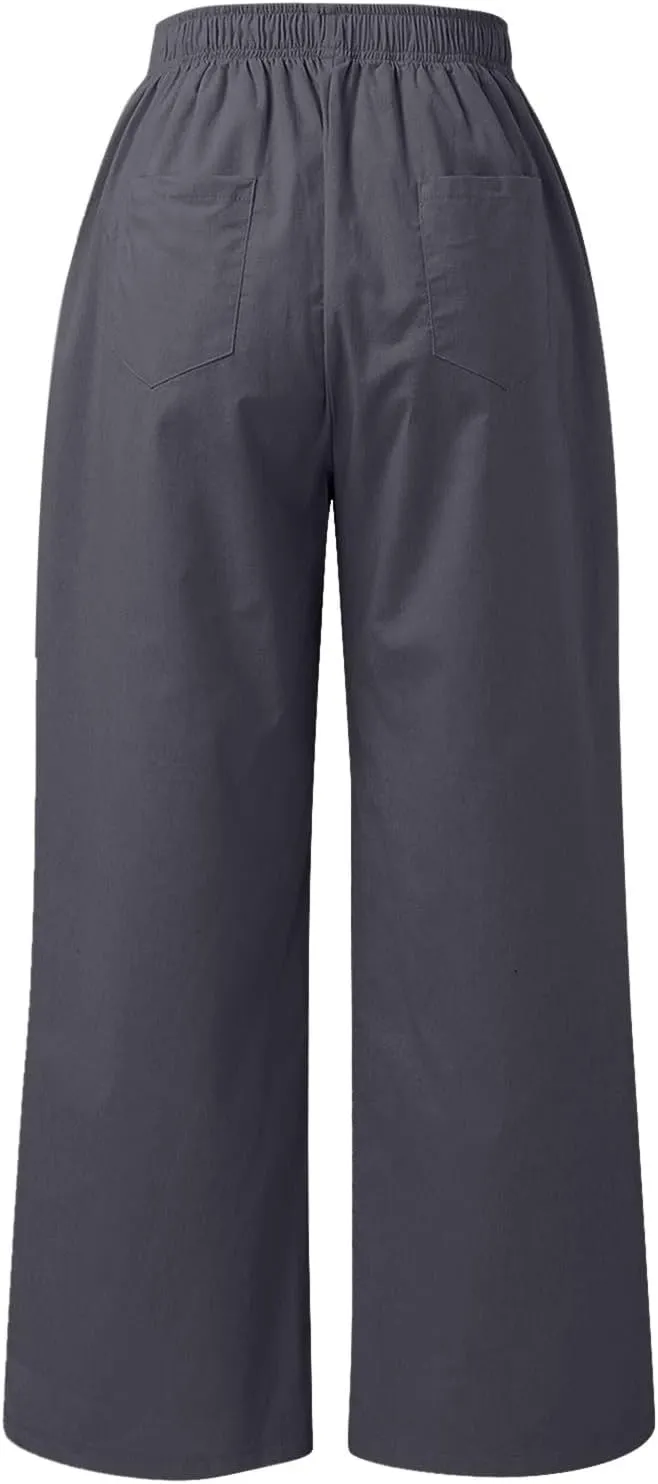 PTOLOCIF Cotton Linen Pants for Women High Waisted Wide Leg Palazzo Pant Drawstring Casual Loose Pants Trousers with Pockets