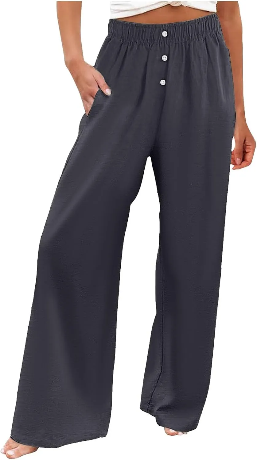 PTOLOCIF Cotton Linen Pants for Women High Waisted Wide Leg Palazzo Pant Drawstring Casual Loose Pants Trousers with Pockets