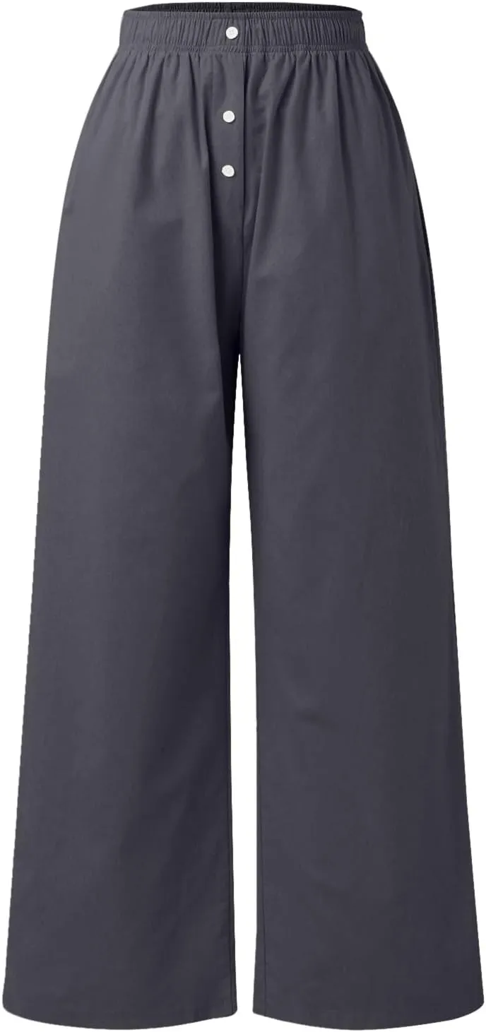 PTOLOCIF Cotton Linen Pants for Women High Waisted Wide Leg Palazzo Pant Drawstring Casual Loose Pants Trousers with Pockets