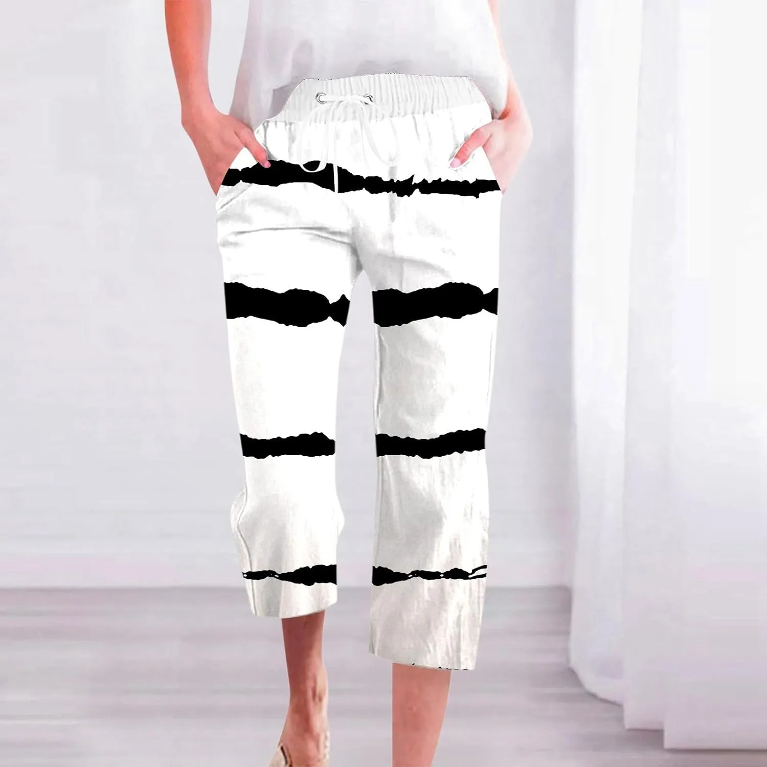 PTOLOCIF Linen Pants for Women Straight Leg Pant Elastic Drawstring Casual Trousers with Pockets Summer Beach Lounge Pants