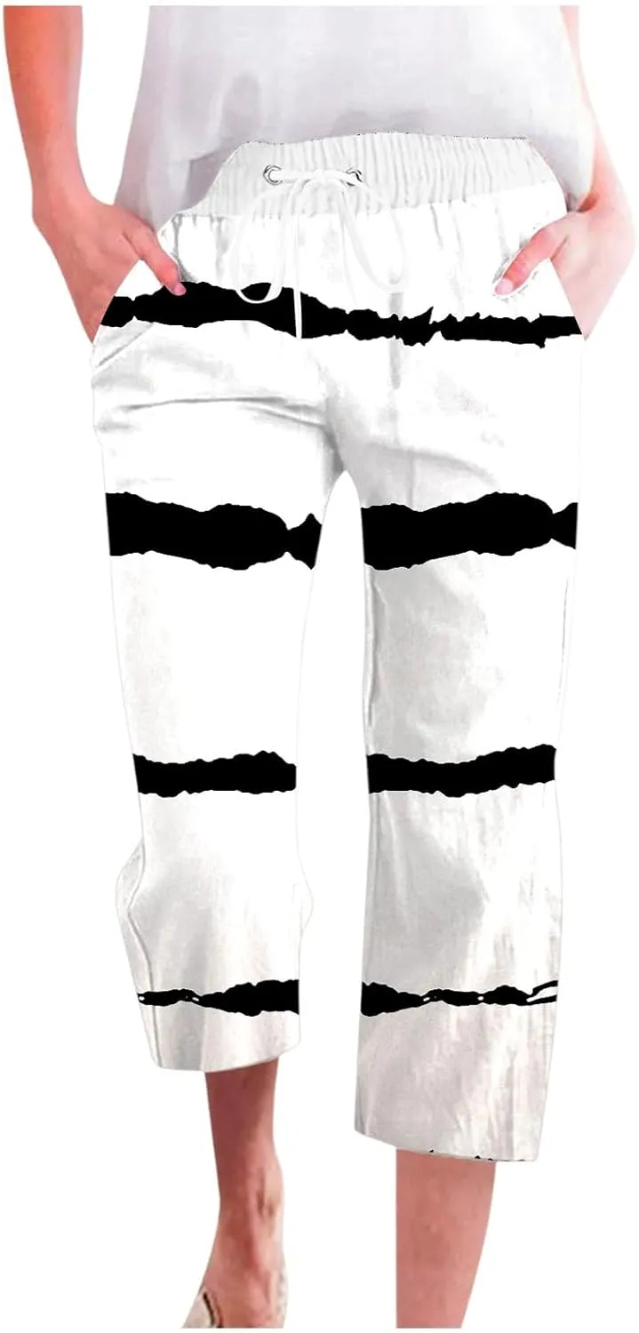 PTOLOCIF Linen Pants for Women Straight Leg Pant Elastic Drawstring Casual Trousers with Pockets Summer Beach Lounge Pants
