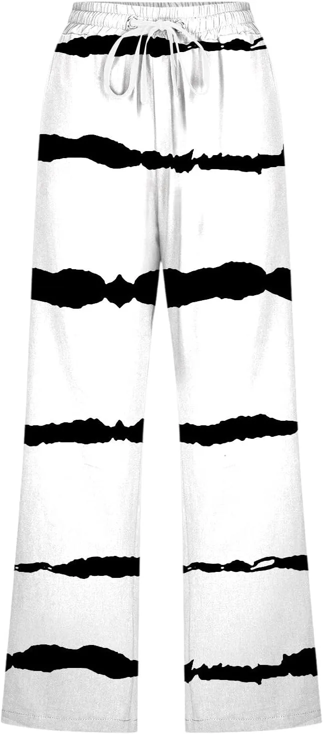 PTOLOCIF Linen Pants for Women Straight Leg Pant Elastic Drawstring Casual Trousers with Pockets Summer Beach Lounge Pants