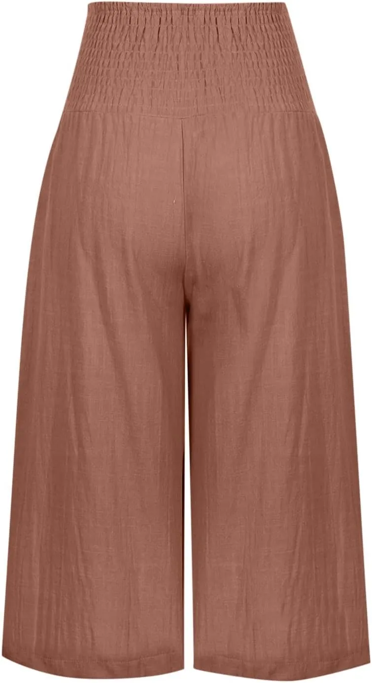 PTOLOCIF Petite Linen Pants for Women Wide Leg Casual Palazzo Pants Cotton Linen Lounge Beach Summer Pant with Pockets
