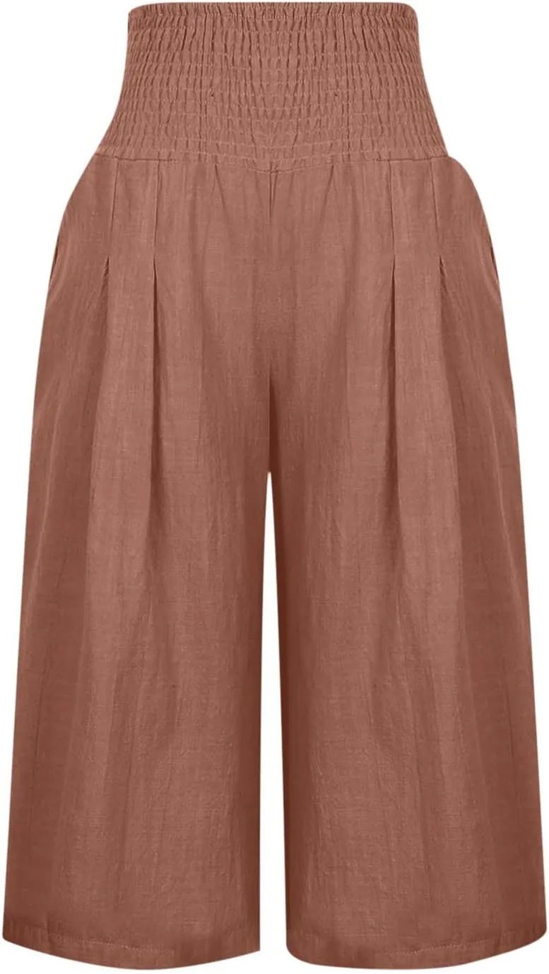 PTOLOCIF Petite Linen Pants for Women Wide Leg Casual Palazzo Pants Cotton Linen Lounge Beach Summer Pant with Pockets