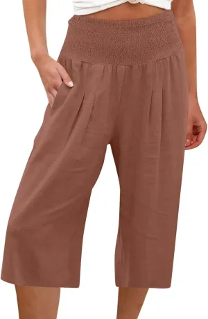 PTOLOCIF Petite Linen Pants for Women Wide Leg Casual Palazzo Pants Cotton Linen Lounge Beach Summer Pant with Pockets