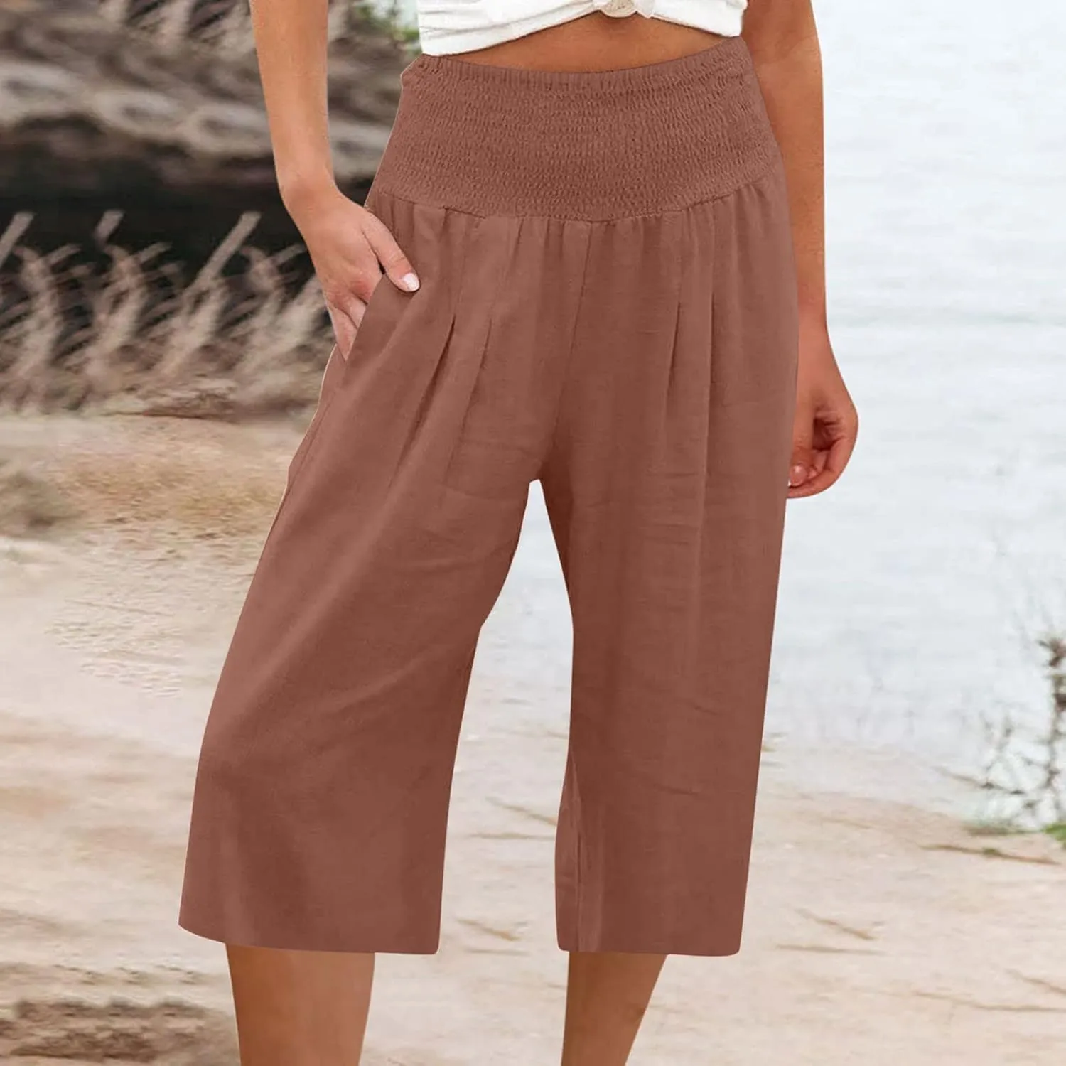 PTOLOCIF Petite Linen Pants for Women Wide Leg Casual Palazzo Pants Cotton Linen Lounge Beach Summer Pant with Pockets