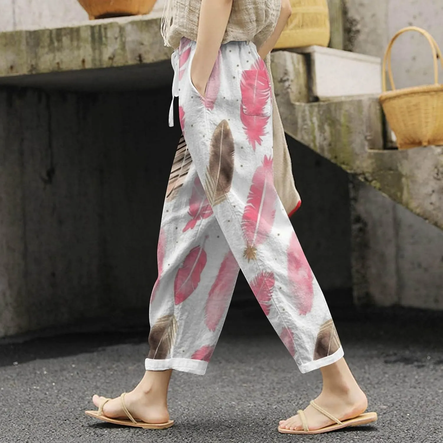 PTOLOCIF Womens Casual Cotton Linen Pants Summer Palazzo Pants Flowy Wide Leg Beach Trouser Trendy Boho Pants with Pockets