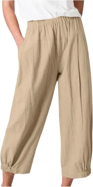 PTOLOCIF Womens Casual Linen Pants Lightweight Cropped Wide Leg Pants Elastic Waist Casual Palazzo Trousers with Pockets