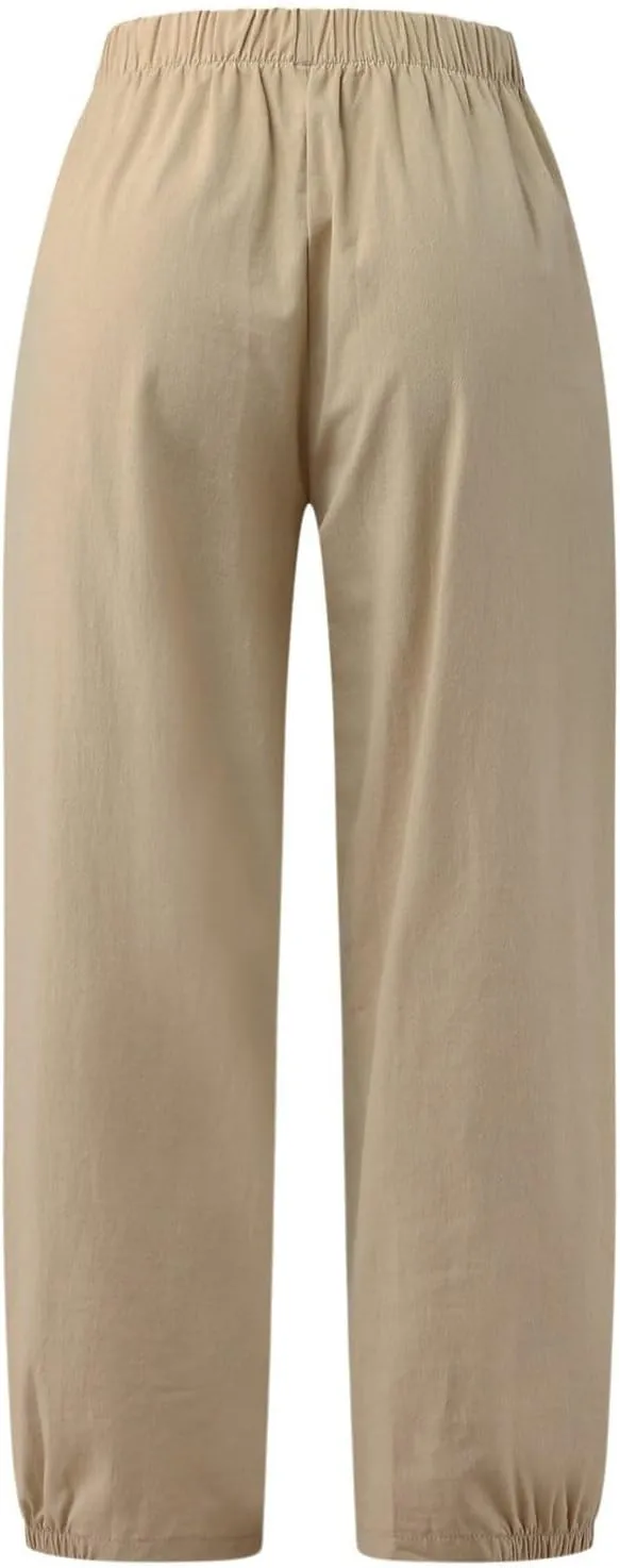 PTOLOCIF Womens Casual Linen Pants Lightweight Cropped Wide Leg Pants Elastic Waist Casual Palazzo Trousers with Pockets