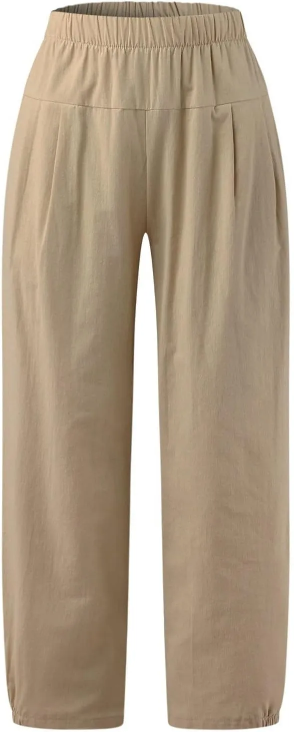 PTOLOCIF Womens Casual Linen Pants Lightweight Cropped Wide Leg Pants Elastic Waist Casual Palazzo Trousers with Pockets