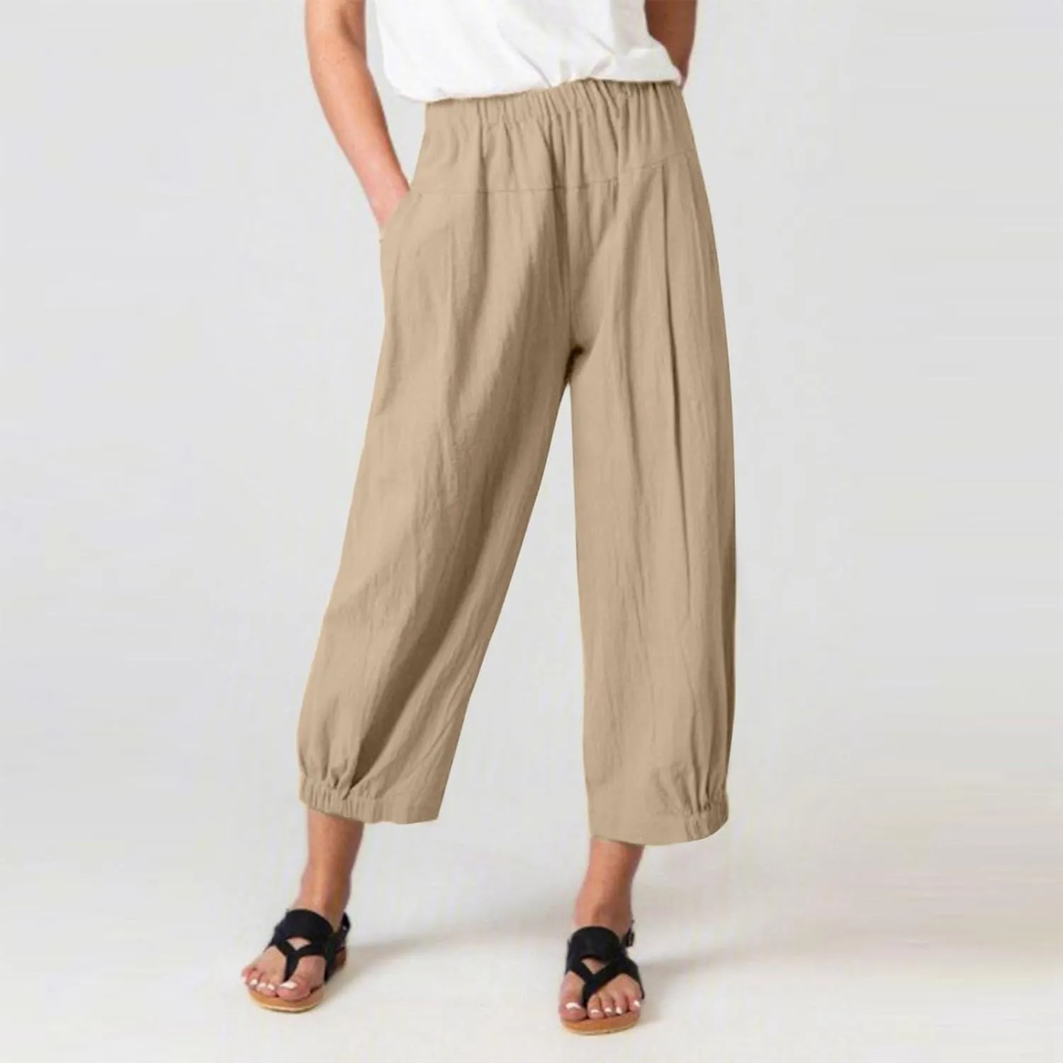 PTOLOCIF Womens Casual Linen Pants Lightweight Cropped Wide Leg Pants Elastic Waist Casual Palazzo Trousers with Pockets