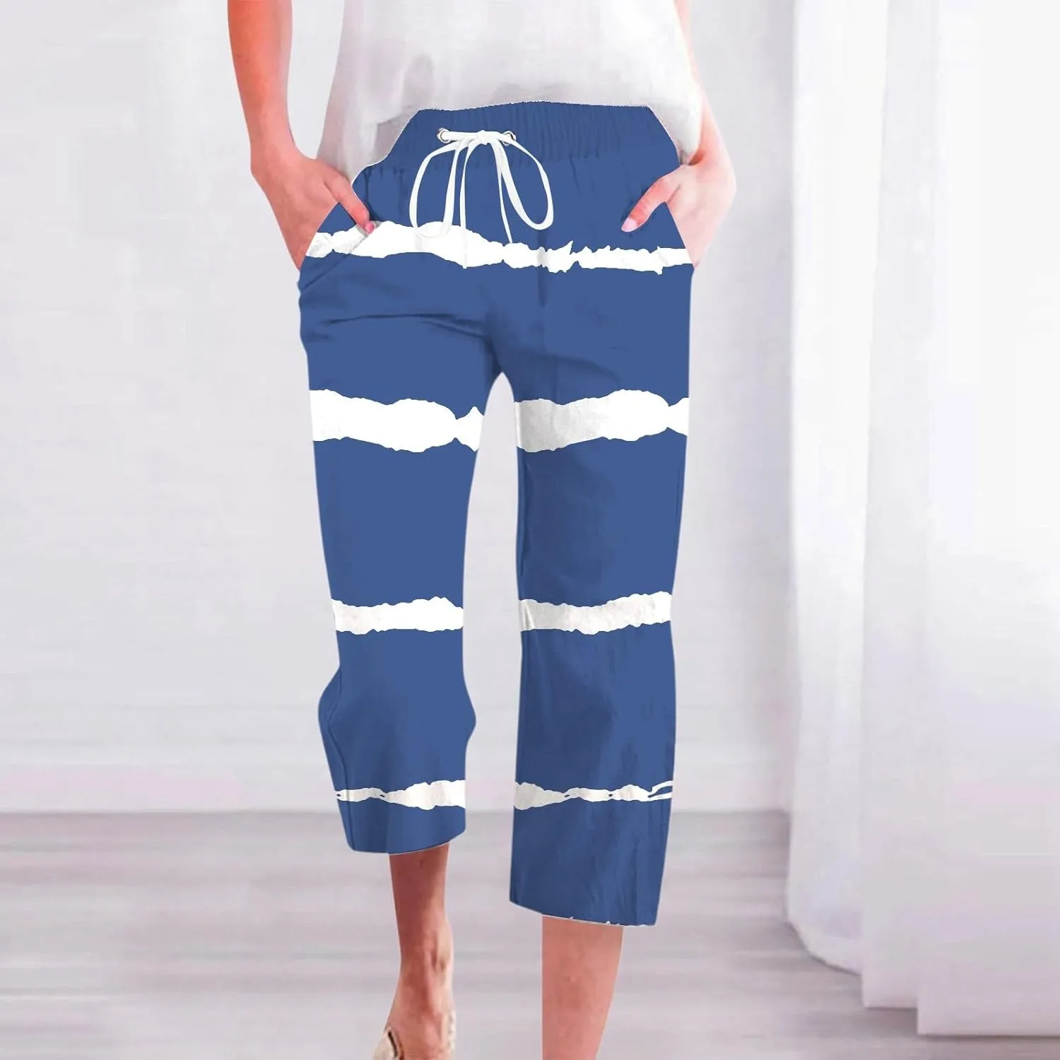 PTOLOCIF Womens Cotton Linen Pants Drawstring Back Elastic Waist Pants High Waist Casual Lounge Trousers with Pockets