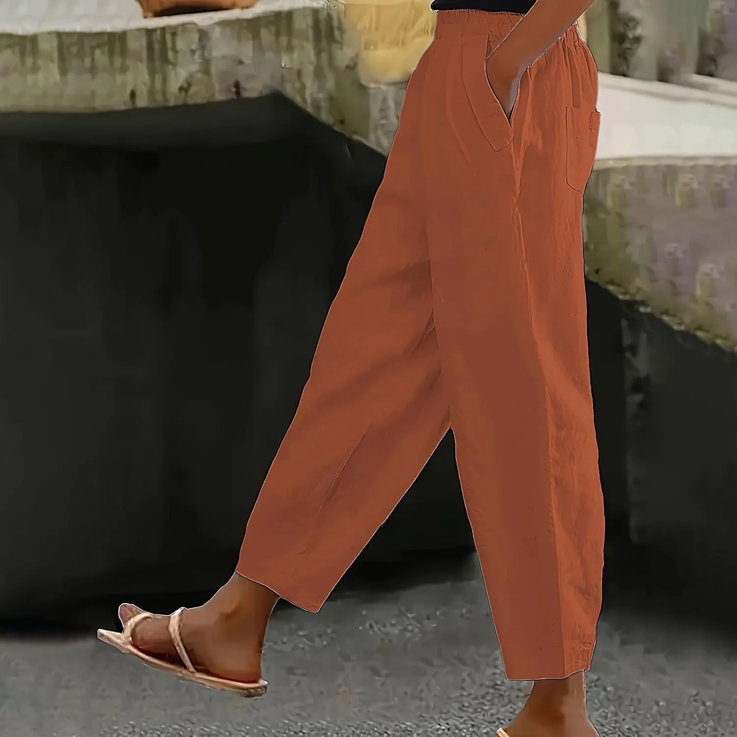 PTOLOCIF Women's Cotton Linen Pants Wide Leg Pants Casual Loose Drawstring Pant Summer Palazzo Harem Trousers with Pockets