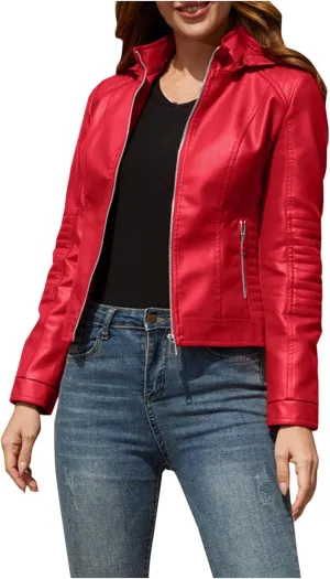 PU Faux Leather Jacket for Women Vintage Lapel Zipper Motorcycle Crop Bomber Jacket with Pockets Moto Biker Short Coat