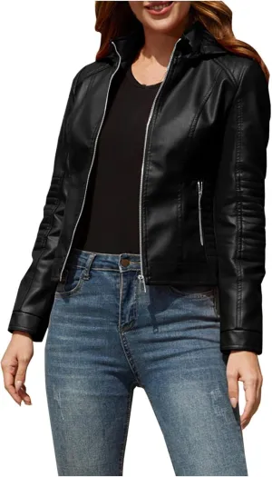PU Faux Leather Jacket for Women Vintage Lapel Zipper Motorcycle Crop Bomber Jacket with Pockets Moto Biker Short Coat
