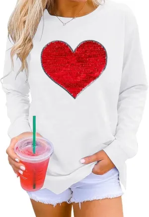 Qbily Women's Sequins Heart Sweatshirt Casual Casual Long Sleeve Crew Round Valentines Day Pullover Tops
