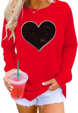Qbily Women's Sequins Heart Sweatshirt Casual Casual Long Sleeve Crew Round Valentines Day Pullover Tops